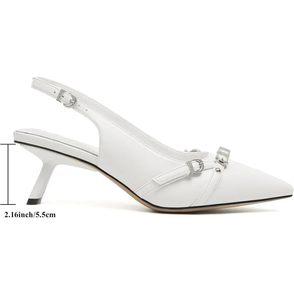 Women's White PU Pointed Toe Pumps Patent Leather Low Heel Slingback with Buckle